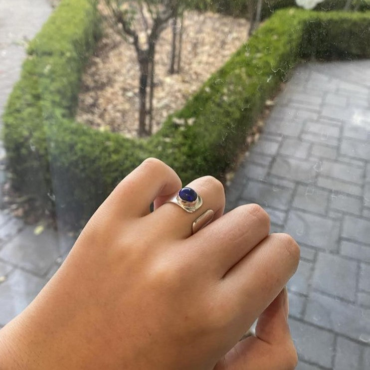 Lightning Ridge Blue Black Opal Adjustable Silver Ring 085c