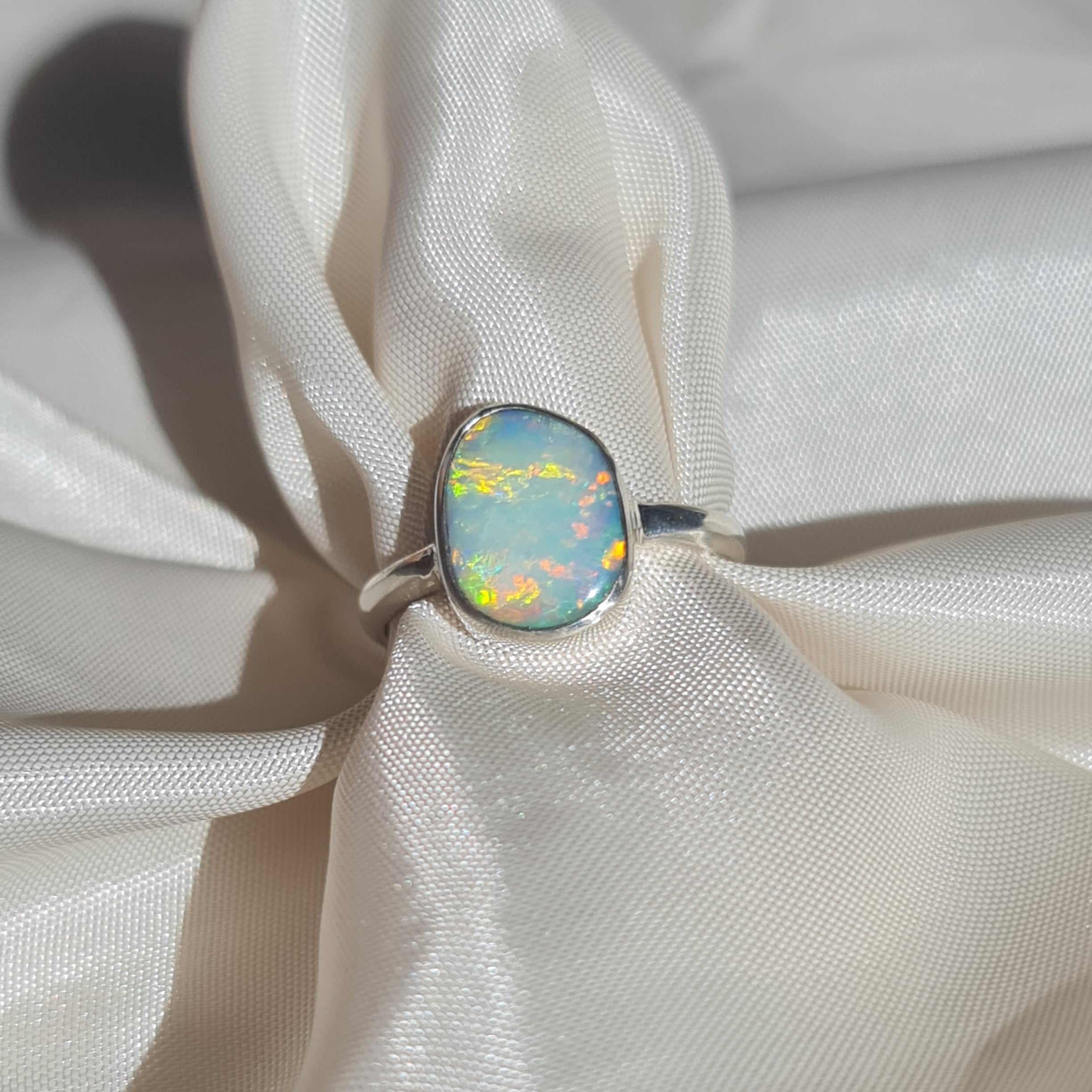 White Rainbow Opal Silver Ring 076S
