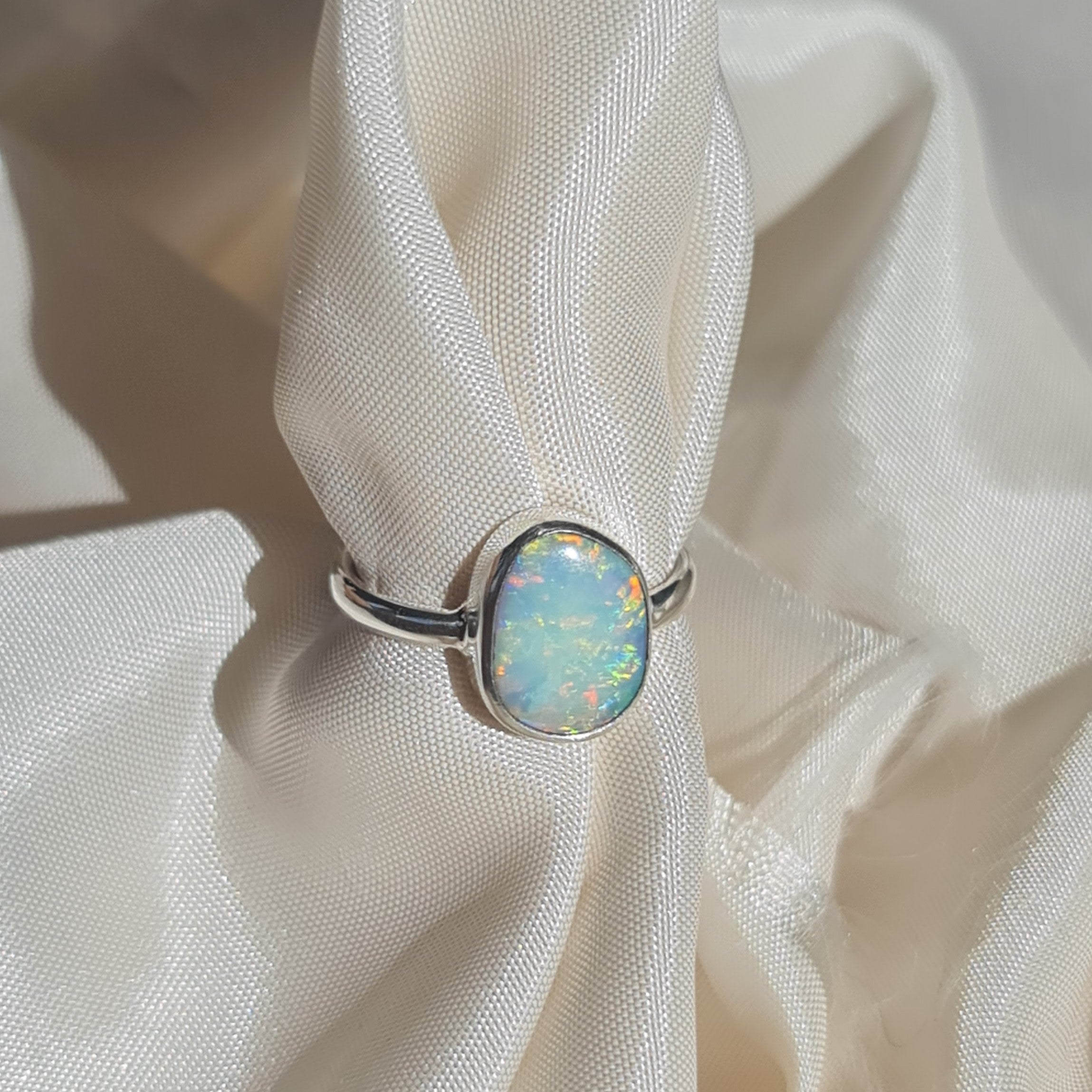 White Rainbow Opal Silver Ring 076S